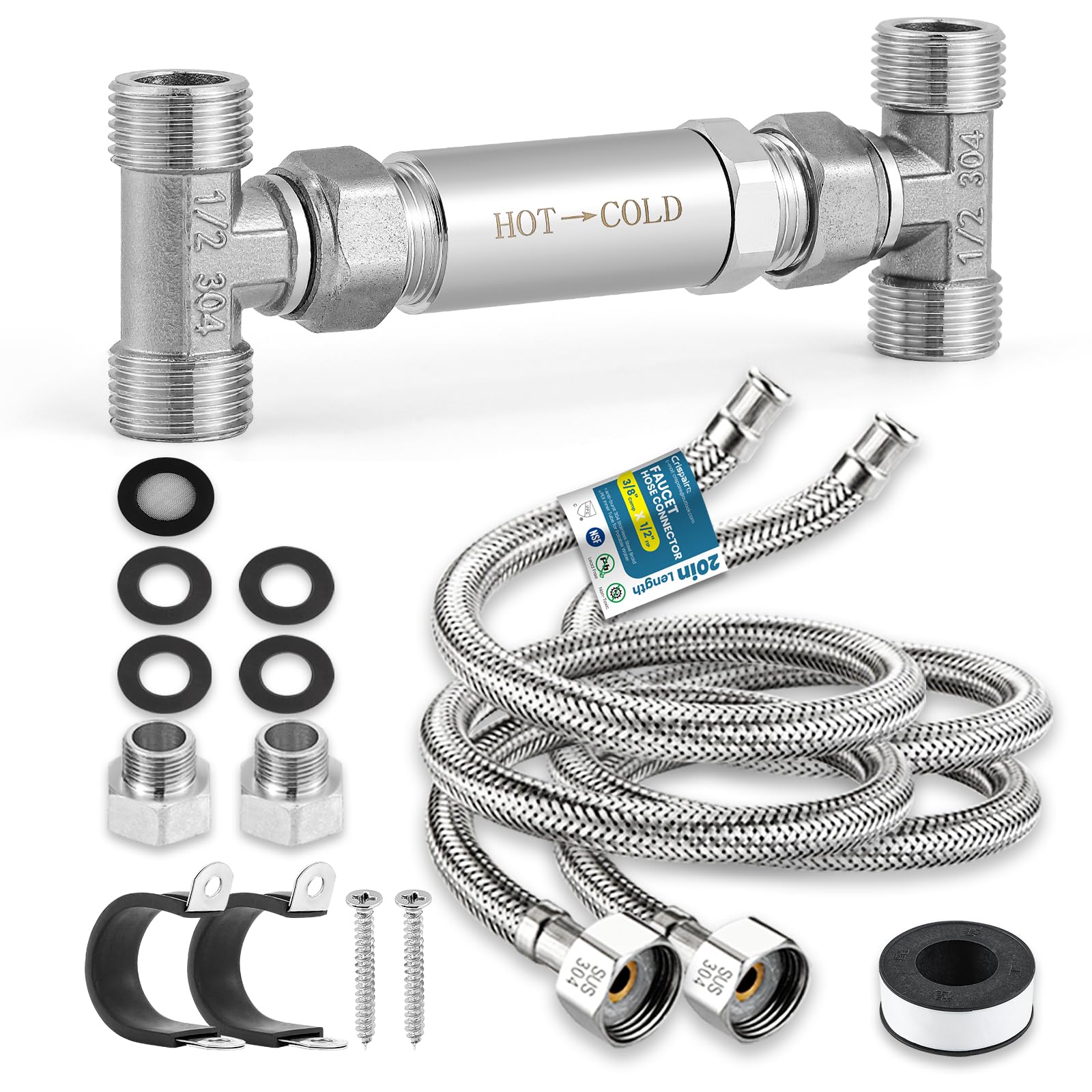 Photo 1 of Crispaire Replacement 304 Stainless Steel Sensor Valve Kit for Instant Hot Water Recirculating Pump System, Includes Valve & 2 x 20-in PEX Supply Lines for Potable Water & Adaptors & Teflon Tape