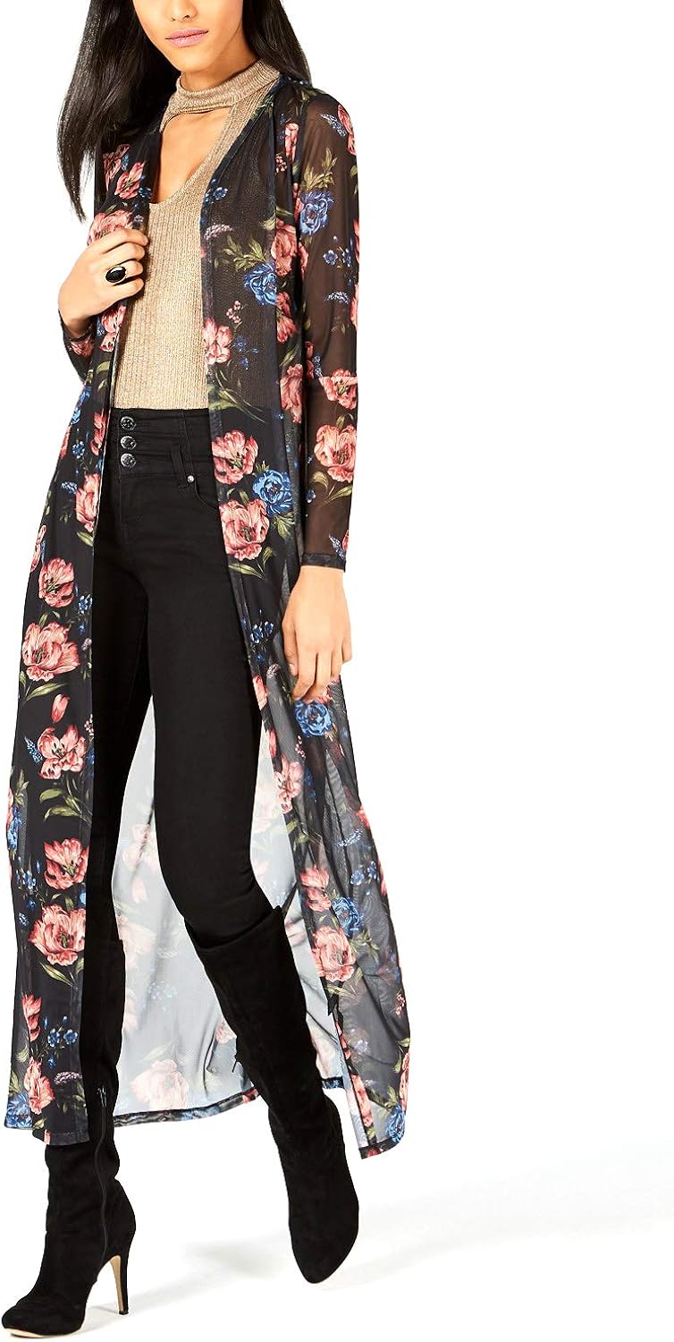 Project 28 NYC Printed Sheer OpenFront Duster Cardigan Black