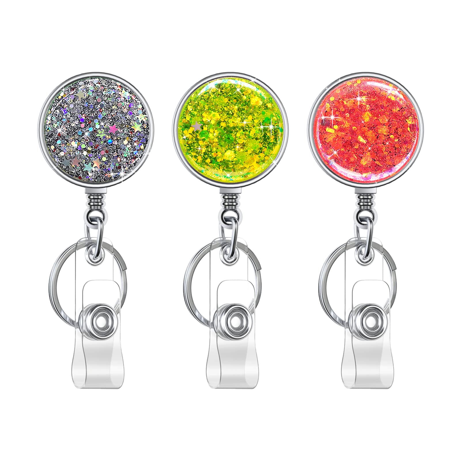 Retractable Badge Holder, Lightweight Plastic Badge Reel Retractable Card Holder with Key Ring Backing Belt Clip for Nurse,Volunteer,Teacher,Student,Office (3 Pack Silver Pink Green)