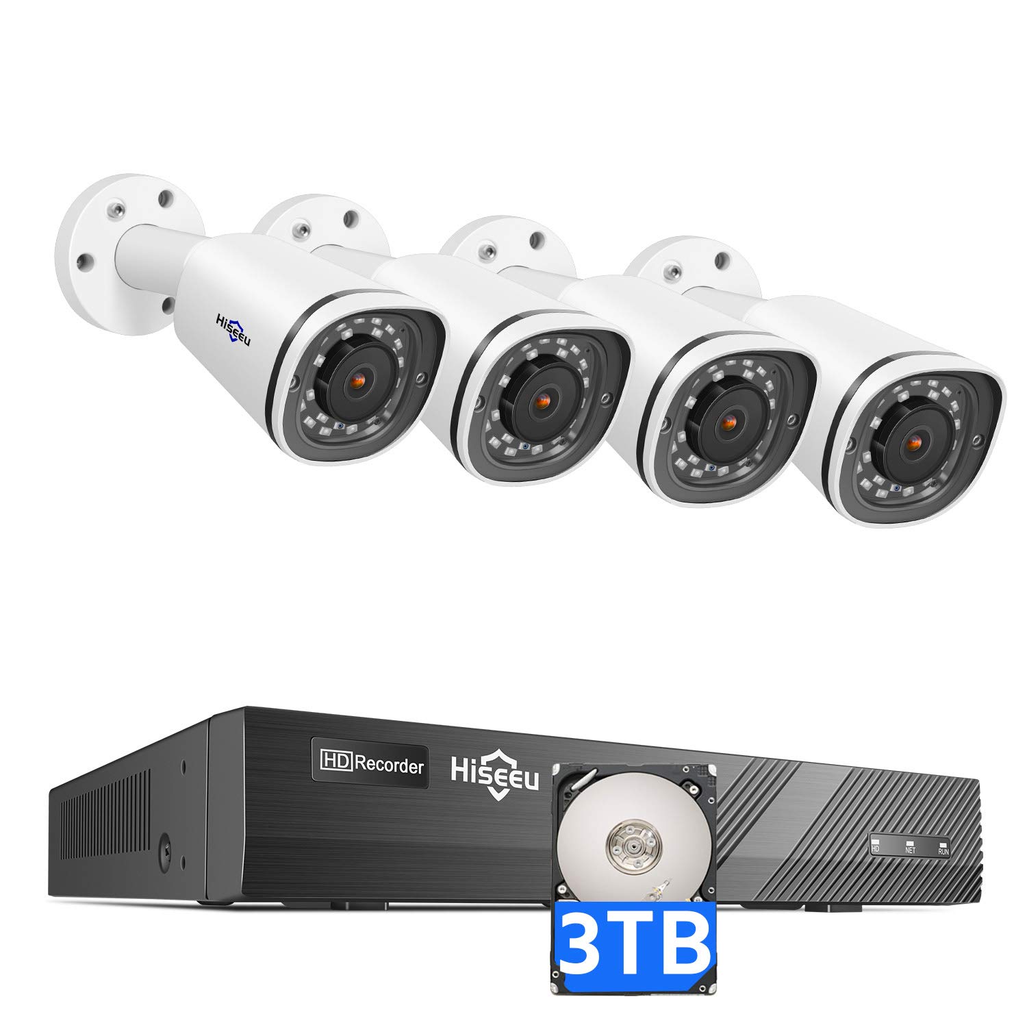 Hiseeu 4K PoE Security Camera System, 8CH 8MP Home Surveillance NVR System with 3TB HDD, 4Pcs 4K IP Wired Camera with Night Vision for Indoor Outdoor Security, 30 Days Video/Audio Loops Recording