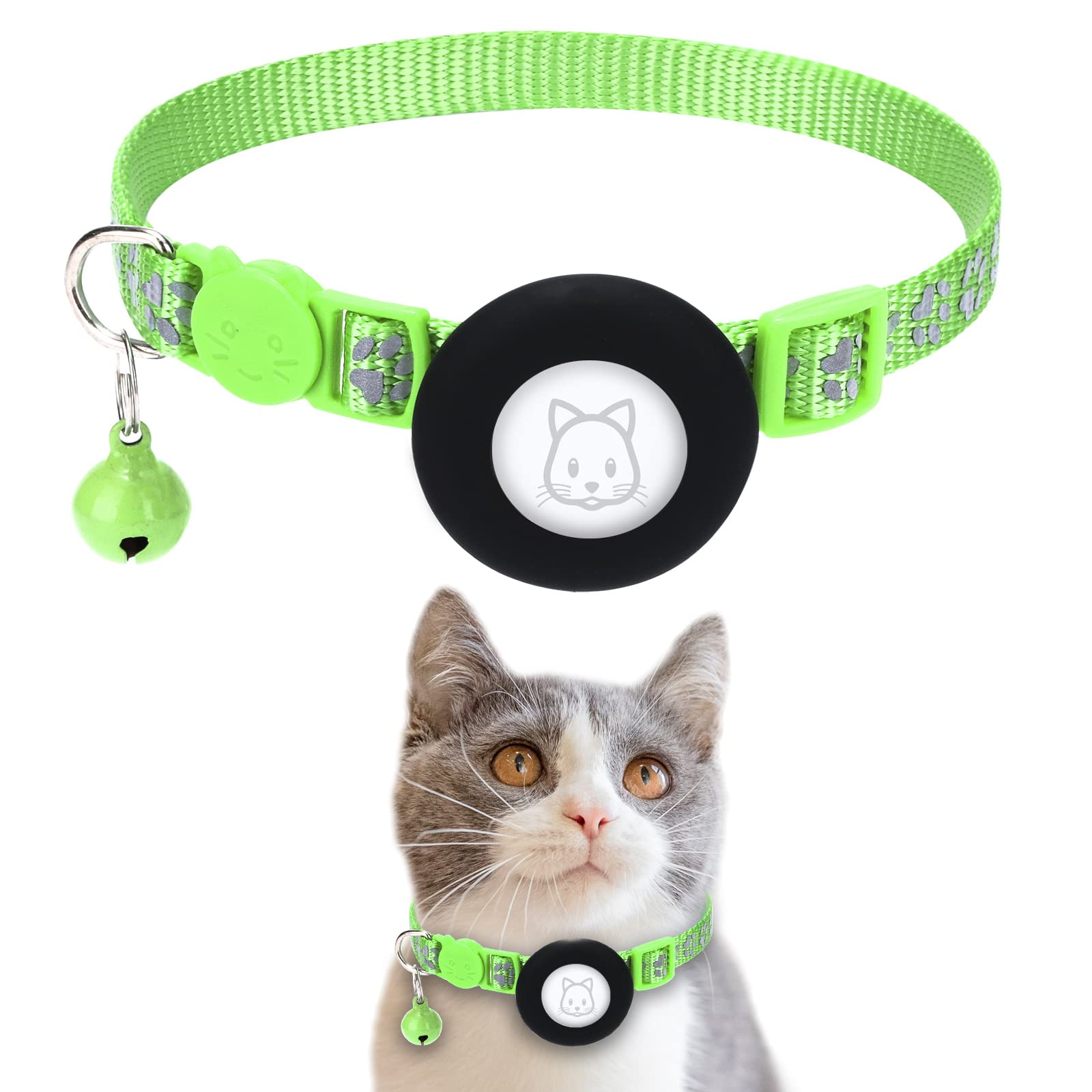 Airtag Cat Collar, Air Tag Cat Collar with Safety Buckle and Bell, Reflective Cat Collar in 3/8" Width Compatible with Apple Airtag Holder for Small Pets Cats Puppies Kitten (LightGreen)