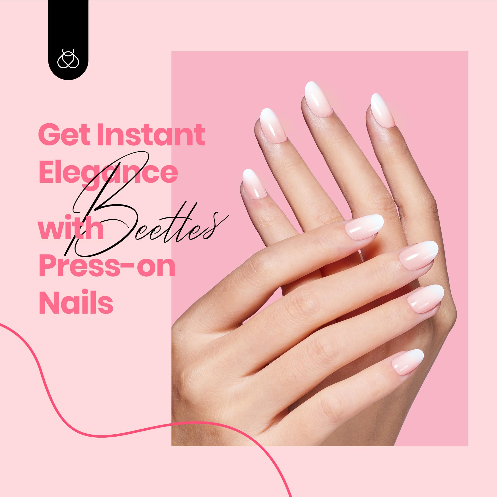 Beetles Almond Press On Nail,64 psc Pink Ombre Press On Nails 16 Sizes XS Short Almond Pink Ombre Fake Nails 2 Set Press On Nails with Nail Glue & Double-Sided Adhesives Nails Press Ons for Women - Image 2