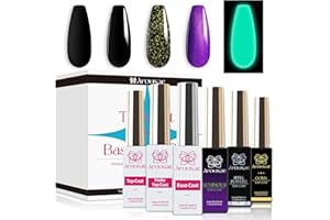 Arousar Gel Base and Top Coat Set, 6pcs Combination Base Coat Nail Polish with Matte, No Wipe, Gold Foil, Glow in the Dark and Seashell Top Coats Kit for Easy and Creative Nail Art