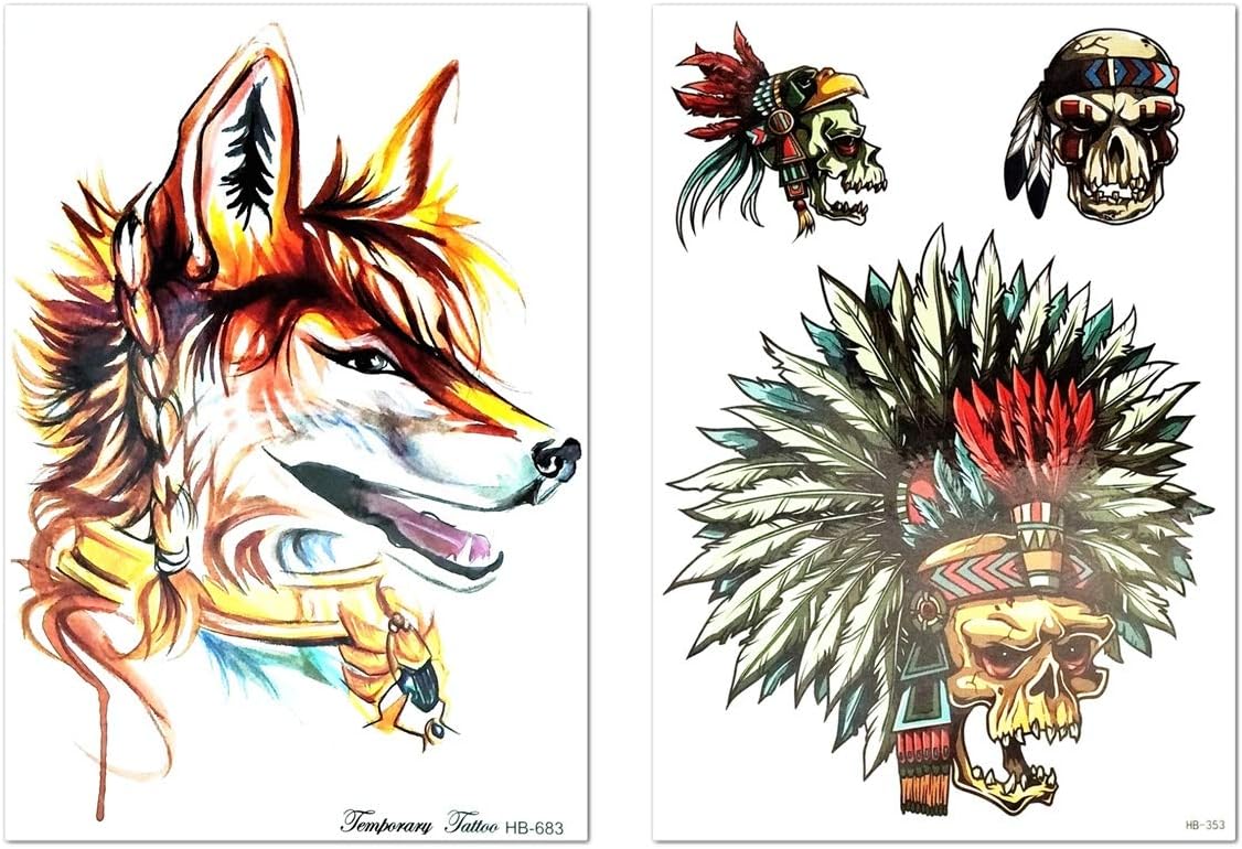 PARITA Big Tattoos 2 Sheets Fox Ghost Skull Native American Indian Chief Tattoo Sexy Body Fake Design Arm Shoulder Chest Back Makeup Art Fashion for Men Women (01)