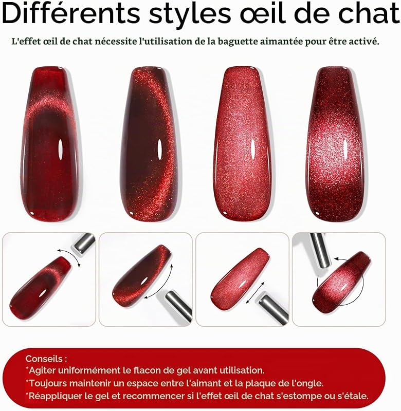Vernis Semi Permanent Rouge, 6 Couleurs Bourgogne Foncé Paillettes Cat Eye Vernis à Ongles Soak-Off UV/LED French Manucure Gel Ongle UV pour Salon DIY Home 10ml