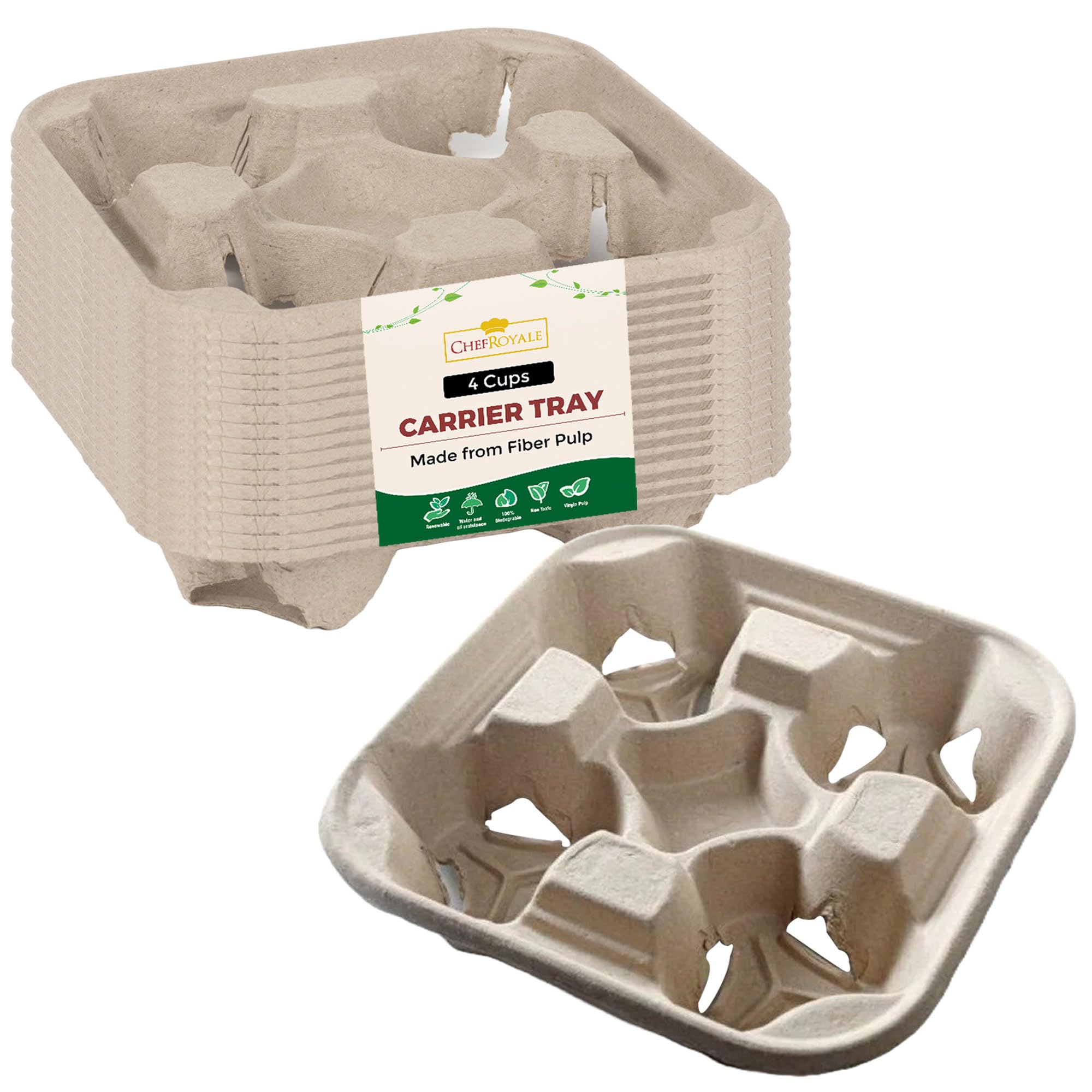 Chef Royale 4 Cups Holder Tray for Tea - Pack of 100 Hot & Cold Drinks Carry Around Fold Away Biodegradable Disposable Cup Carrier - Cardboard Tray