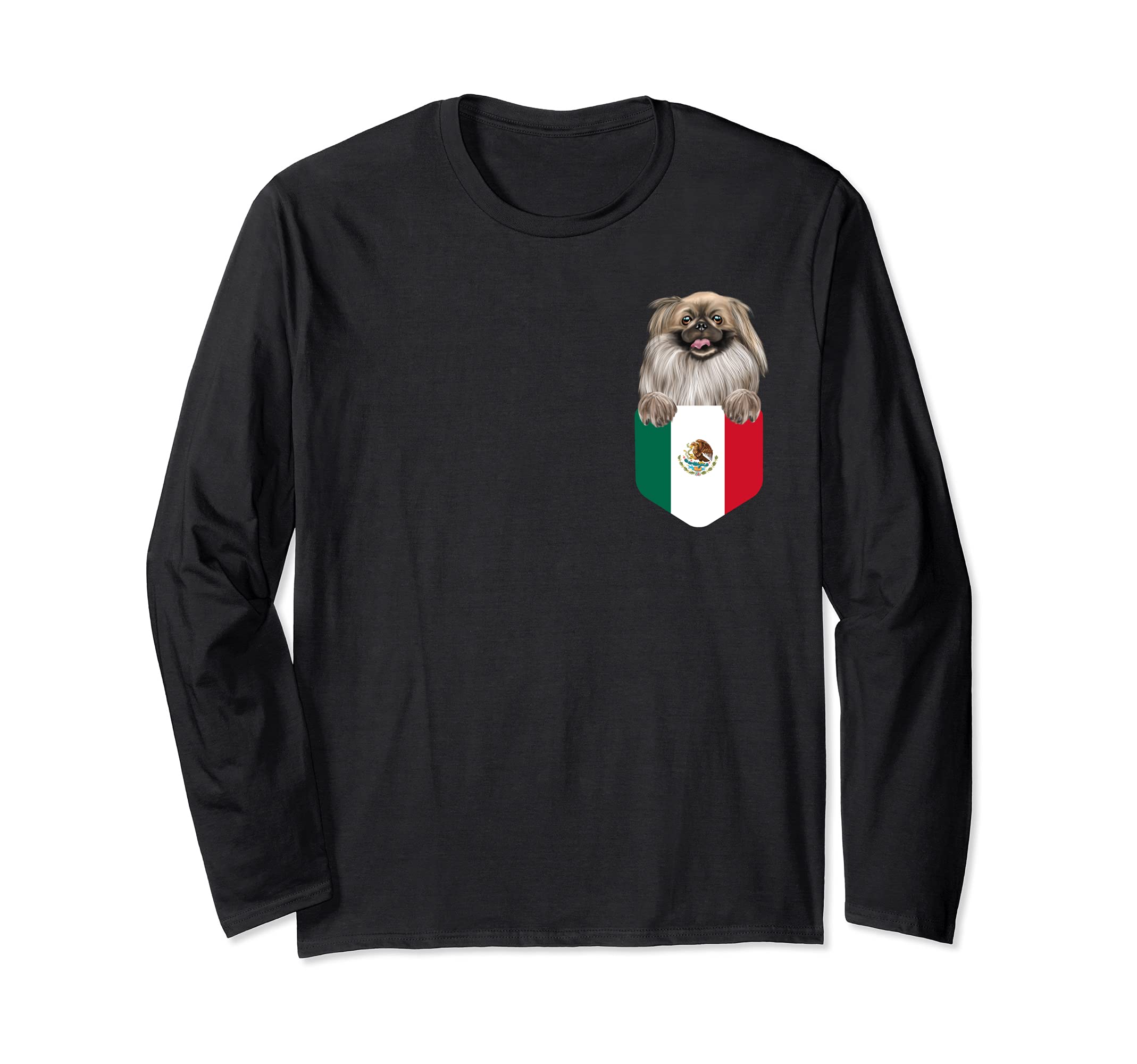 Mexico Flag Pekingese Dog In Pocket Long Sleeve T-Shirt