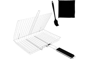 YOUNTHYE Foldable Handle Grill Basket with Basting Brush & Bag, 32x22.5cm Carbon Steel Fish/Vegetable Grilling Tray for BBQ, 