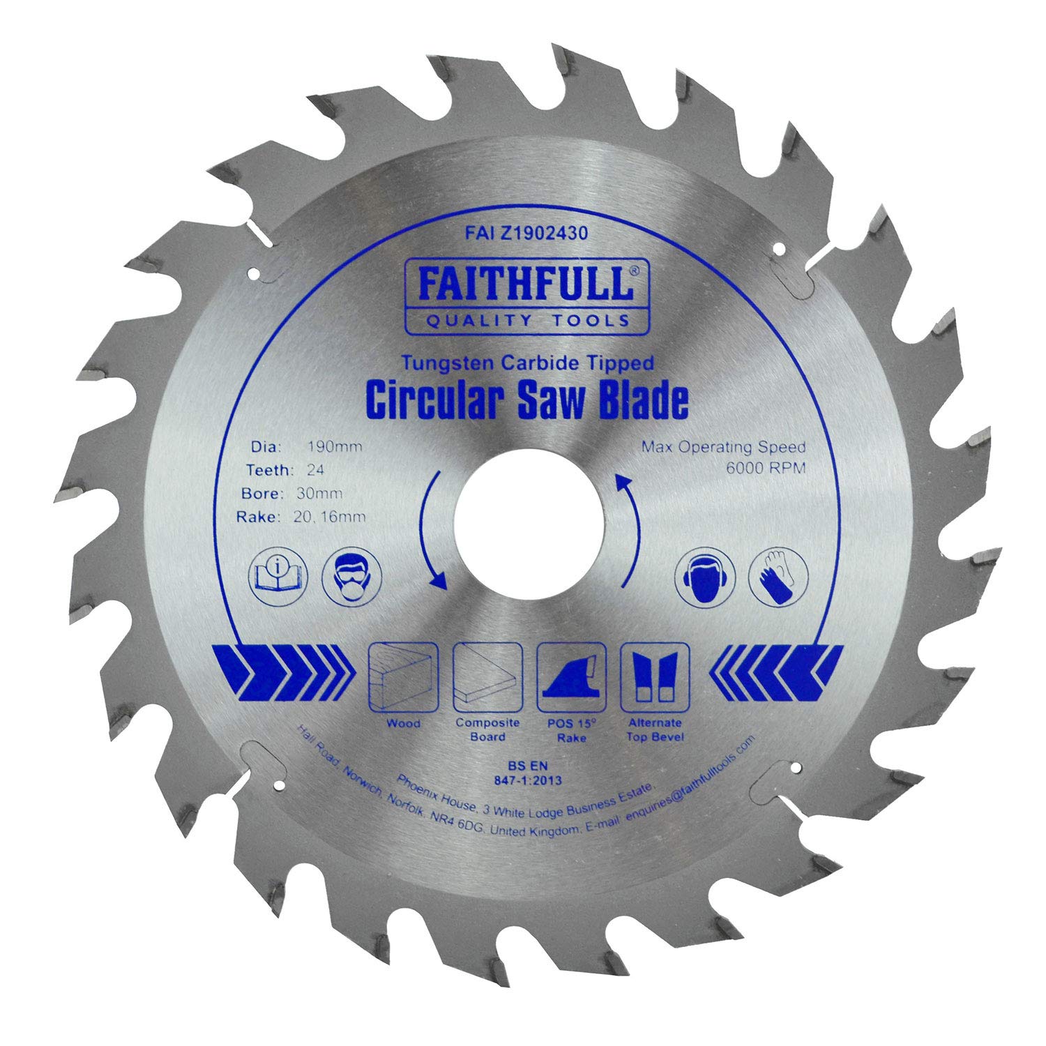 Faithfull FAIZ1902430 TCT Circular Saw Blade 190mm x 30mm Bore x 24 Teeth