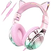 QearFun Kids Cat Ear Headphones with USB C for Girls with Microphone, 85/94dB Safe Volume Limiter, Tangle-Free Cord, Share Port, Foldable Sparkly Wired Headset for School, Travel, Tablet, iPad