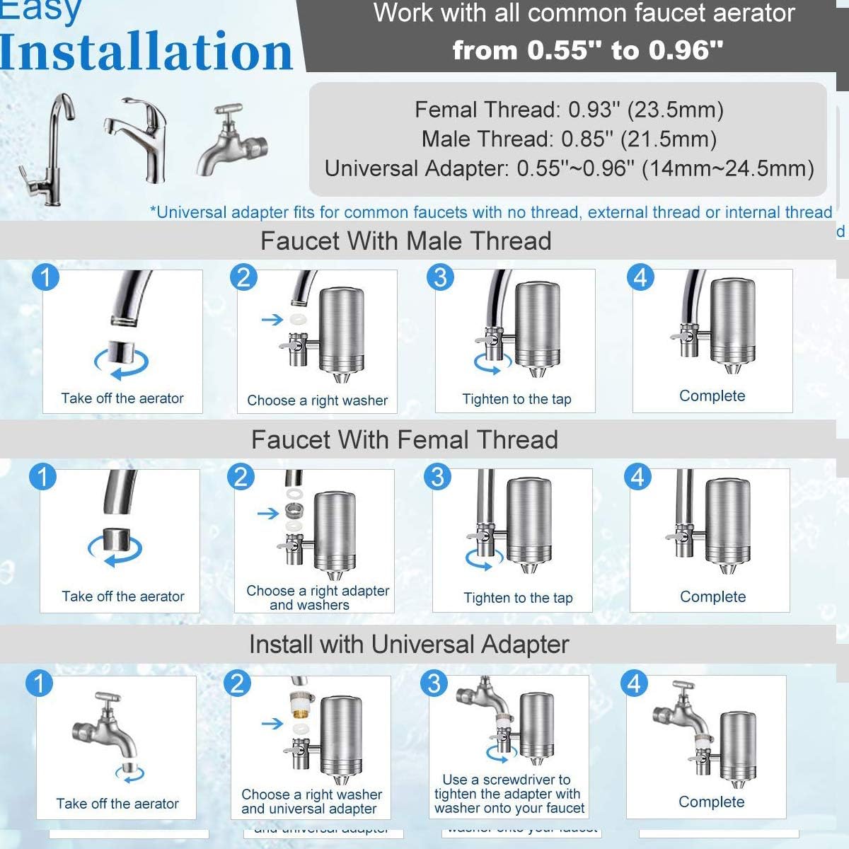 Faucet Water Filter, 304 Stainless-Steel Filtration System, Large Water Flow, Water Purifier, Reduce Chlorine, Lead Reduction, Double Outlet, Fits Standard Faucets (2 Filter Cartridges Included): Industrial & Scientific