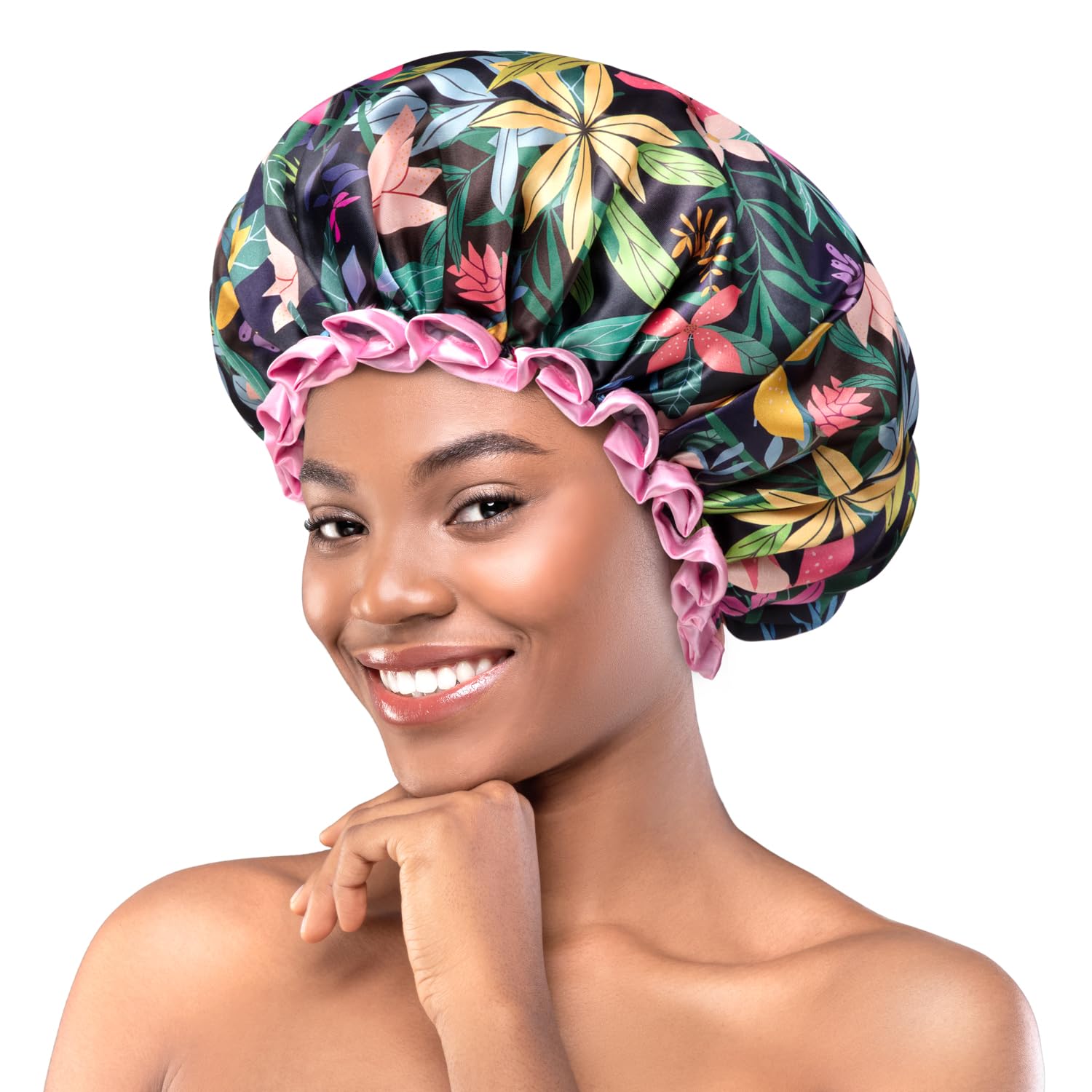 mikimini Shower Cap for Women and Girls, Vibrant Rainforest Print Bath Cap with Pink Ruffle, Reusable Waterproof Double-Layered for Short Medium Hair. Ideal for Tropical Theme Lovers