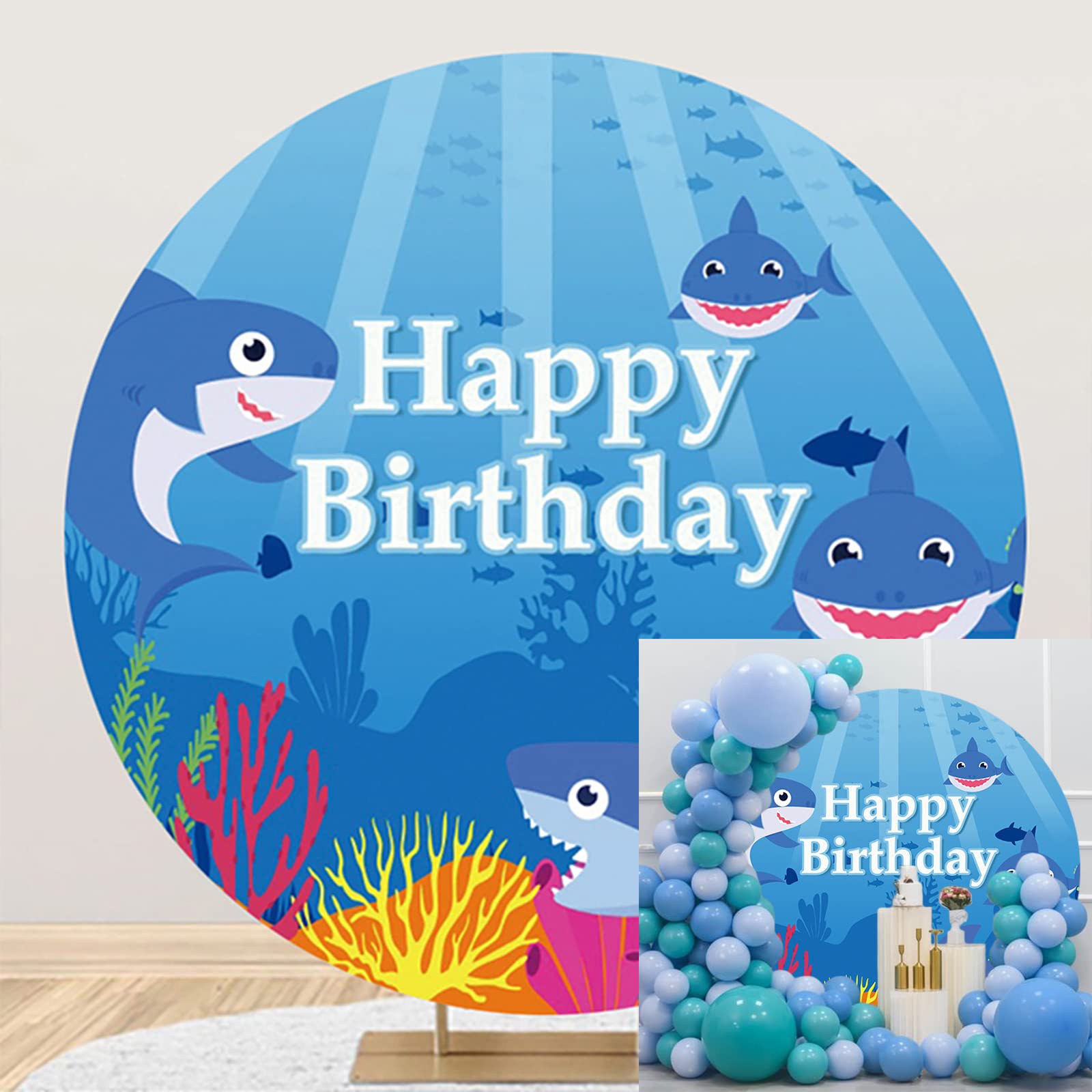 Bovlleetd 6x6ft Cartoon Shark Round Backdrop Underwater World Animal Funny Little Shark Round Shooting Background Cloth Colorful Coral Silhouette of Fish for Birthday Party Baby Shower Decoration