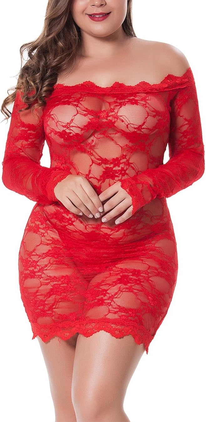 Fenxxxl Women's Plus Size Floral Lace Lingerie Bodysuit Off Shoulder Babydoll Chemises See Through Teddy Dress: Clothing