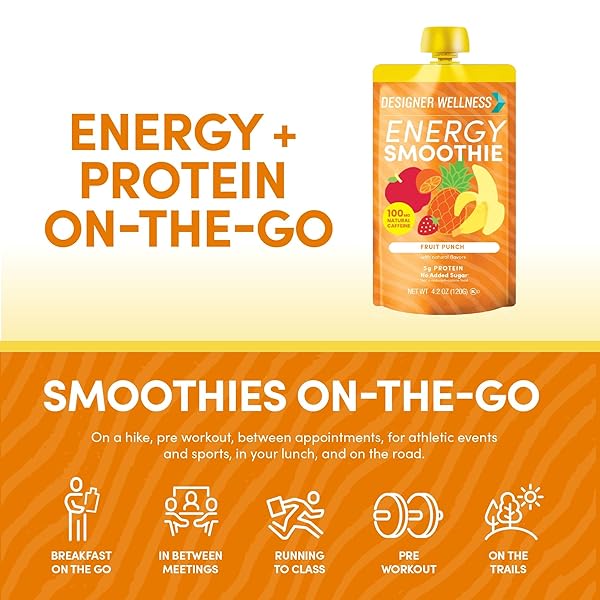 DESIGNER WELLNESS ENERGY SMOOTHIE, REAL FRUIT, 100MG NATURAL CAFFEINE, 5G PROTEIN, LOW CARB, ZERO ADDED SUGAR, GLUTEN-FREE, FRUIT PUNCH, 12 COUNT