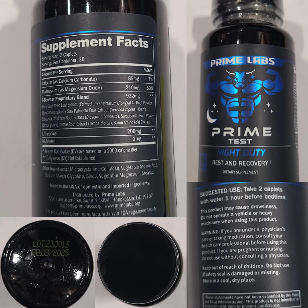Prime Labs Night Duty - Nighttime Testosterone Booster & Sleep Support - PM Rest & Muscle Recovery Supplements - 60 Count