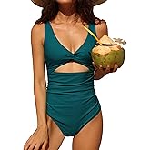 Charmo Womens One Piece Swimsuit Ruched Tummy Control High Cut Backless V Neck Bathing Suits Swimwear
