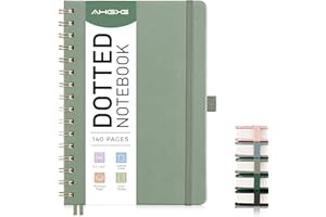 AHGXG Bullet Dotted Journal Spiral Notebook, Hardcover Leather Dotted Notebook 140 Pages, A5 Dot Grid Paper Notebook, 100 gsm Thick Paper, for Bullet Journaling, 5.7" x 8.3", Sage Green