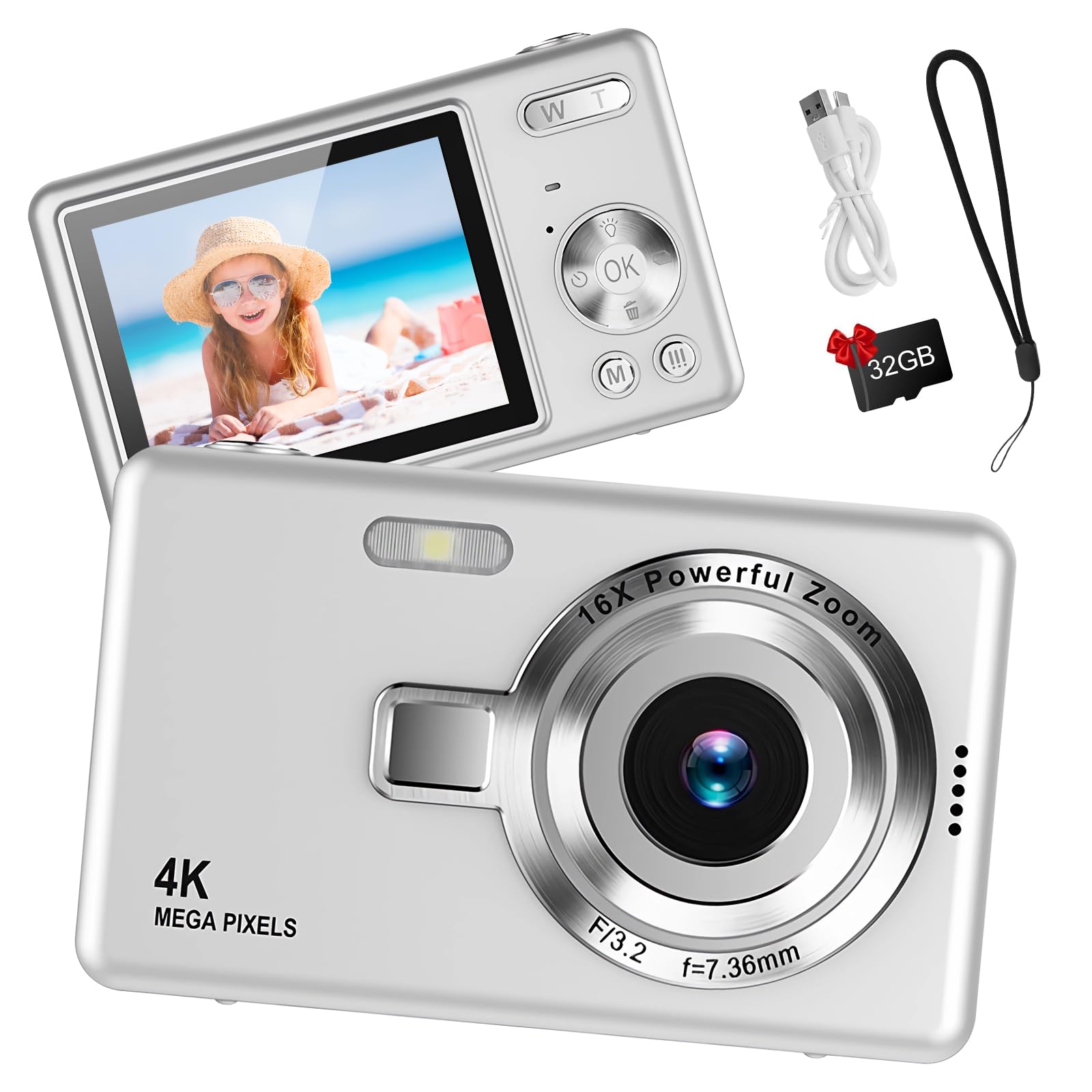 Silver Digital Camera - 1080P FHD Compact 44MP Camera with 2.4" LCD Screen, 16X Digital Zoom, Simple Vlogging, Portable, 32GB SD Card for Kids, Teens, Students, Beginners