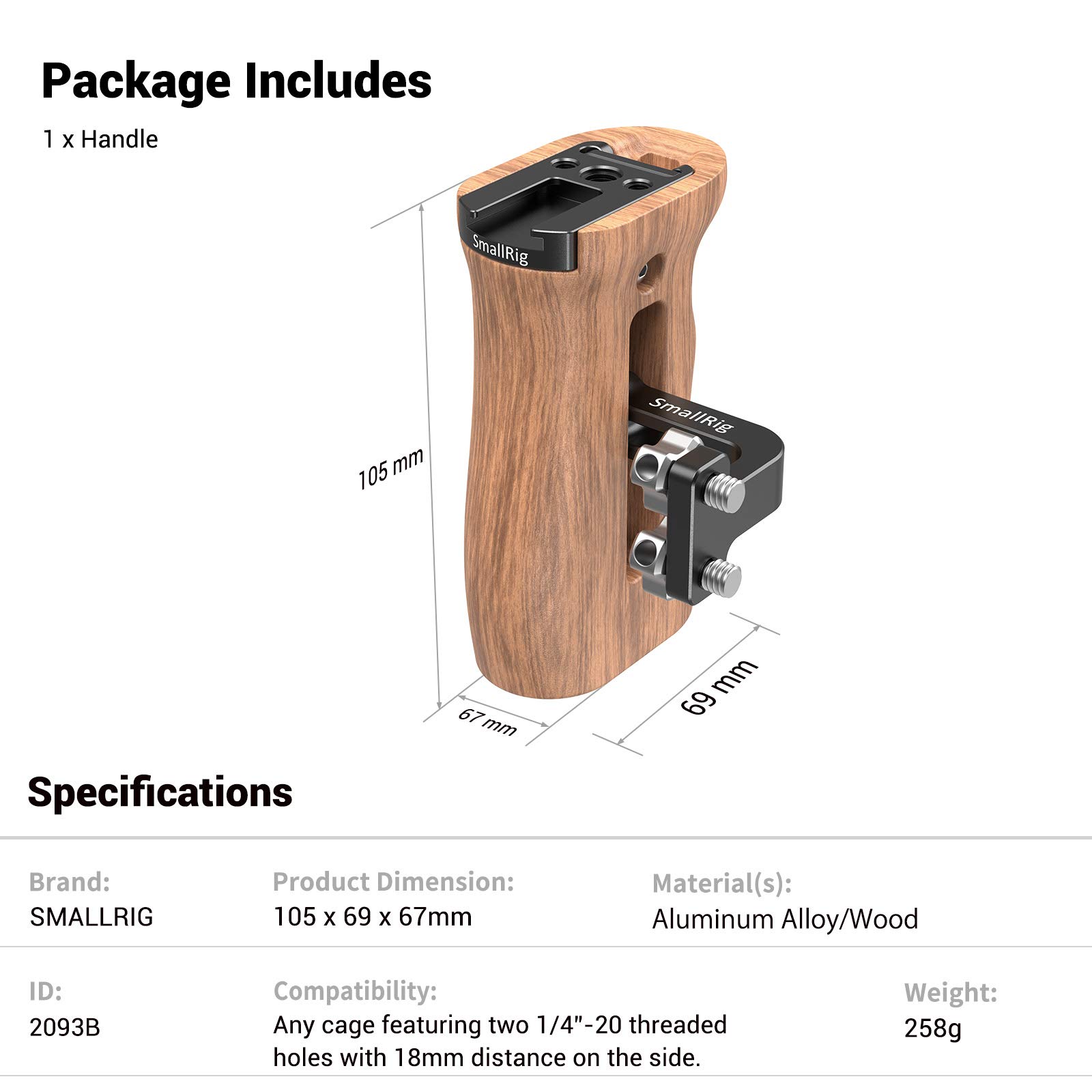 SMALLRIG Side Wooden Handle Grip for DSLR Camera Cage w/Cold Shoe Mount, Threaded Holes, Direction Changeable - 2093