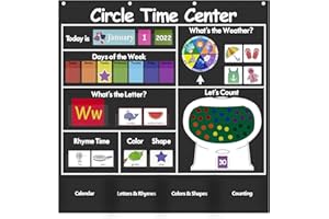 Auchq Circle Time Learning Center Pocket Chart, Heavy-Duty Kids Calendar for Classroom, Educational Pocket Chart Learning Calendar Weather Letter Counting Rhyme Color Shape(Black)