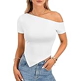 Rooscier Women's Off The Shoulder Crop Tops Asymmetric Hem Short Sleeve Knit Ribbed Slim T Shirts
