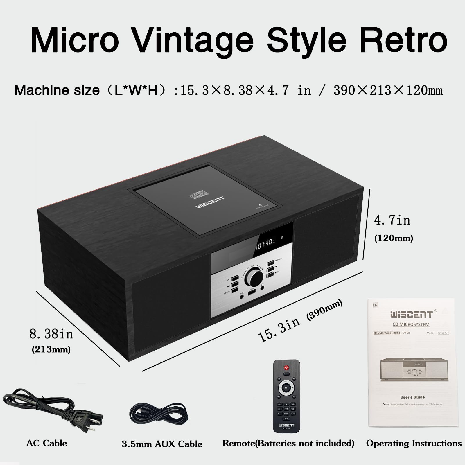 Nostalgic Bluetooth Stereo System for Home, WISCENT Vintage Micro HiFi Systems CD Player,with Bluetooth Audio Streaming,FM Radio,USB Port,Aux-in,Earphone Port (Black CD Player)