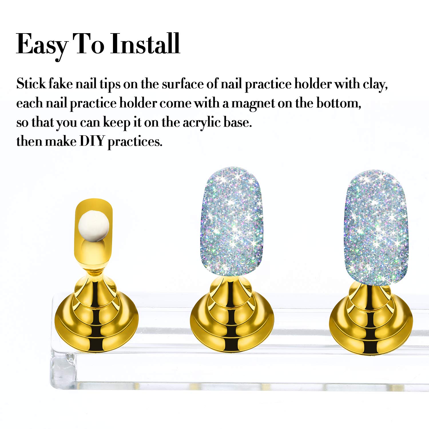2 Set Acrylic Nail Art Practice Stands Magnetic Nail Tips Holders Training Fingernail Display Stands DIY Nail Crystal Holders and 96 Pieces White Reusable Adhesive Putty (Gold and Silver) : Beauty
