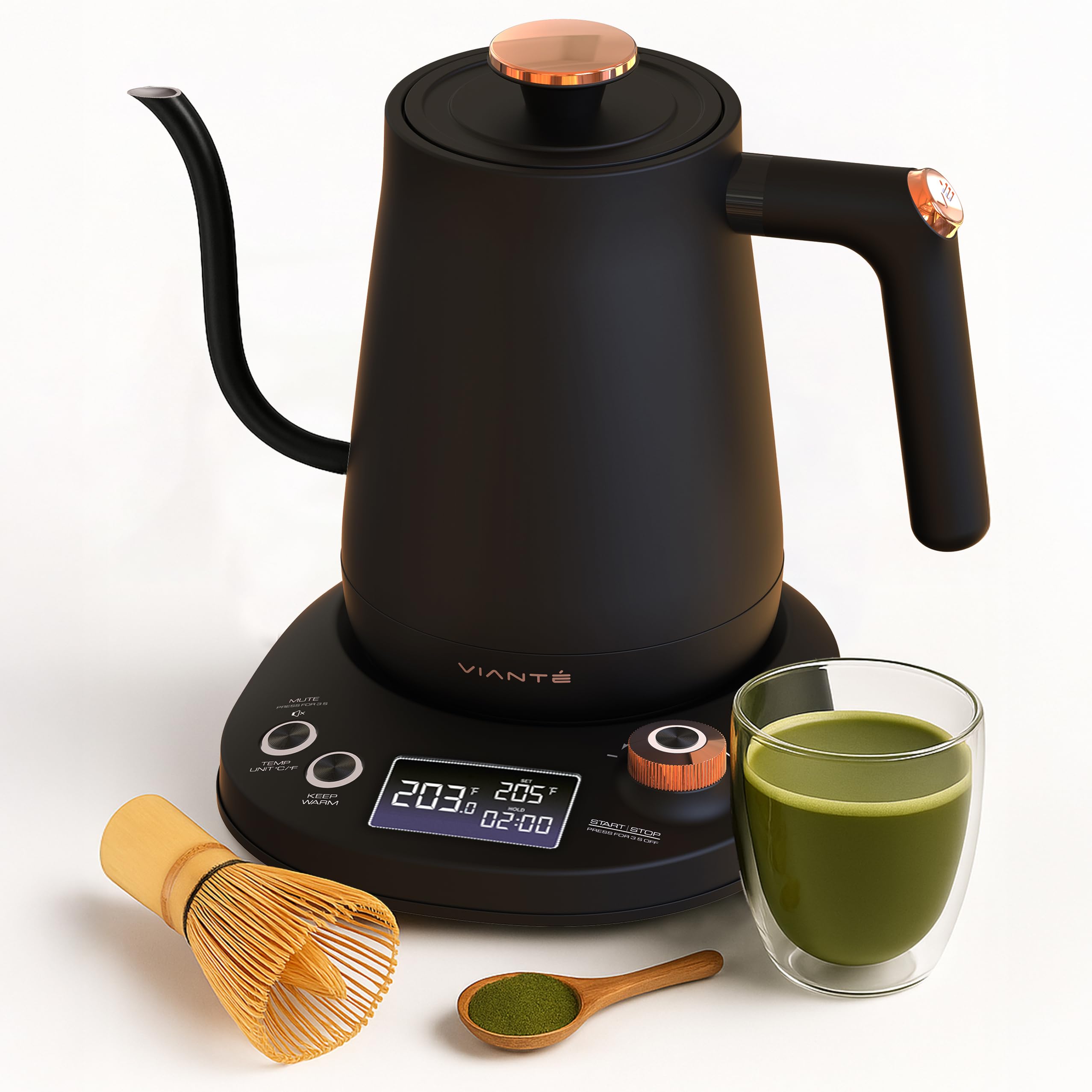 Vianté Electric Gooseneck Kettle with Precise Temperature Control. Pour Over Coffee & Tea Kettle. Boil-Dry Protection & Keep Warm Function. Stainless Steel, BPA-Free. Includes #2 Filters. 0.8L