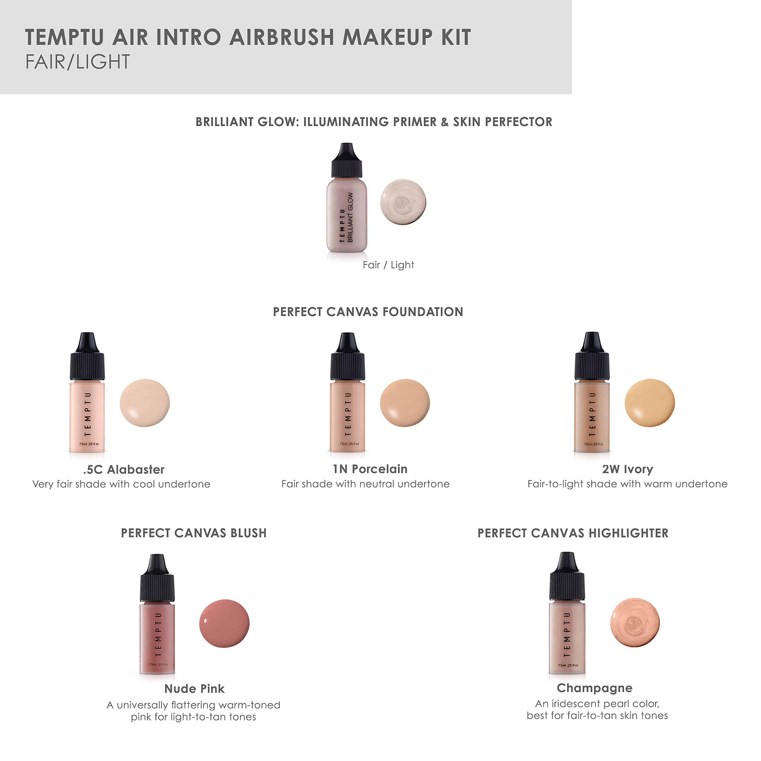TEMPTU Air Intro Airbrush Makeup Kit: 9-Piece Set Includes Cordless Device, Refillable Makeup Cartridge, 3 Perfect Canvas Semi-Matte Foundations, Primer, Blush, Highlighter & Cleaner