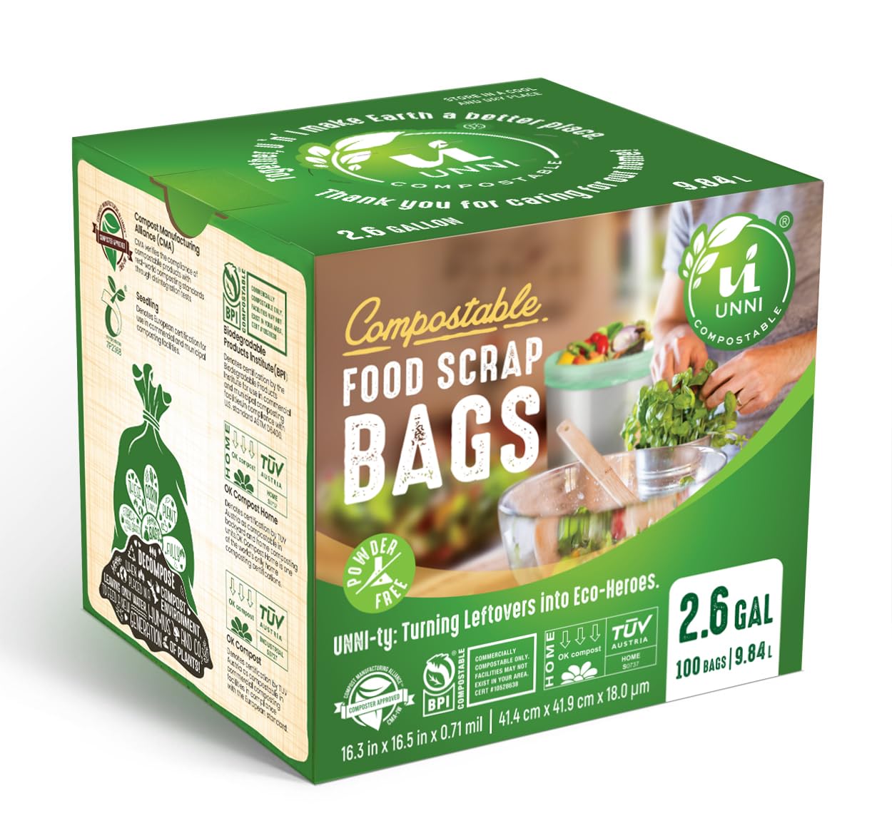 UNNI Compostable Trash Bags, 2.6 Gallon / 9.84 Liter, 100 Count, Extra Thick 0.71 Mil Small Kitchen Food Scrap Bin Liners, Certified by BPI, CMA & OK compost HOME, Meets the ASTM D6400 Standard