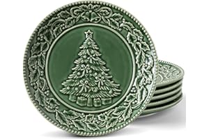Metahom Christmas Tree Salad Plates, 8 Inch Ceramic Plate Set, Green Appetizer Dishes for Pasta, Side Dishes, Holiday Treats,