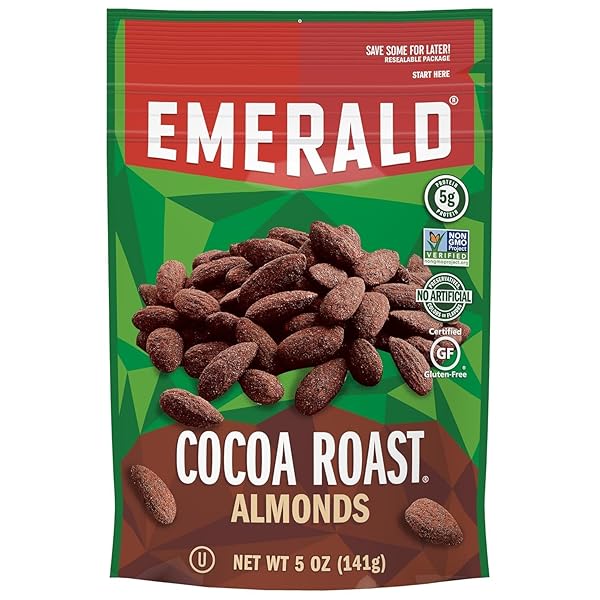 EMERALD NUTS COCOA ROAST ALMONDS, 5 OZ RESEALABLE BAG, KOSHER CERTIFIED, NON-GMO, CONTAINS NO ARTIFICIAL PRESERVATIVES, FLAVORS OR SYNTHETIC COLORS (PACK OF 6)