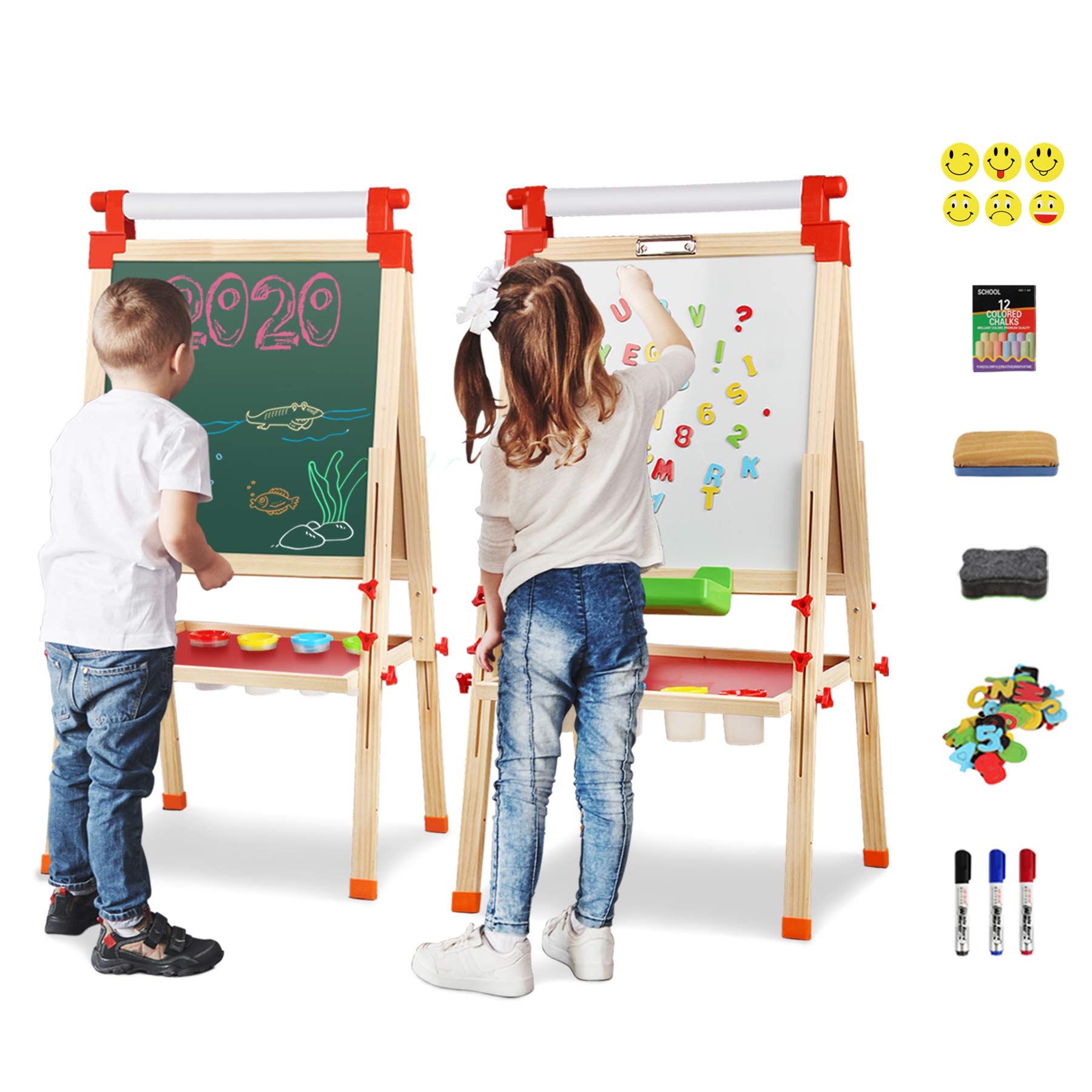 Joyooss Kids Wooden Easel with Extra Letters and Numbers Magnets, Adjustable Double Sided Drawing Board Whiteboard & Chalkboard Dry Easel Board, Children Art Easel for Boys Girls Painting Drawing