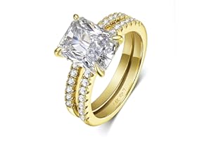 LUCA SMITH 1.5CT CZ Bridal Set for Women 14K Gold Plated Cubic Zirconia Square Round Cut Wedding Bands Engagement Promise Ring AAAAA Simulated Diamond Stackable Anniversary Eternity Rings for Her
