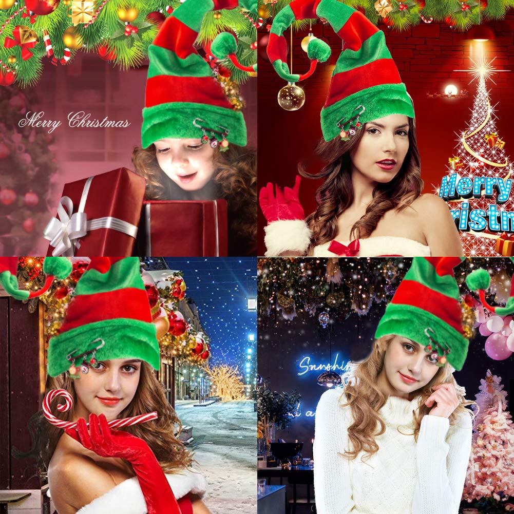 BigOtters Christmas Elf Hat, Long Striped Felt Hat with Cute Brooch Pin for Kids Adults
