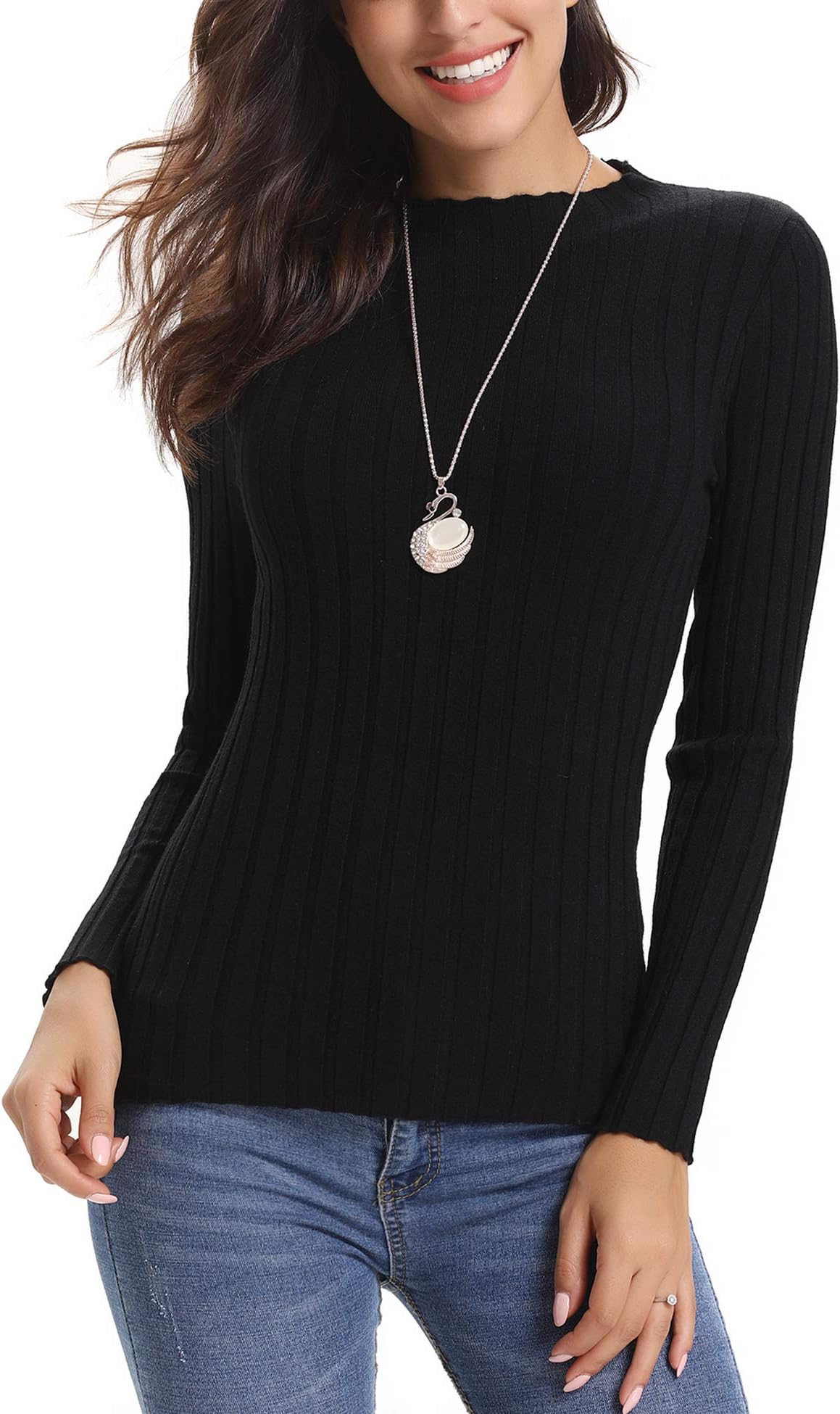 Womens Round Neck Long Sleeve Soft Warm Knit Ribbed Sweater Jumper Knitwear Top