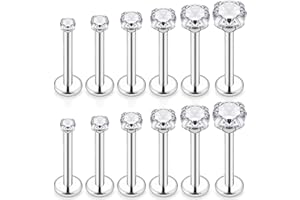 SCERRING 6 Pairs 16g Stainless Steel Prong Setting Clear CZ Internally Threaded Labret Monroe Lip Tragus Cartilage Helix Earring Ring Body Piercing Jewelry 6-10mm