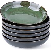 LERATIO 9.0" Ceramic Pasta Bowls Set of 6,38oz Large Stoneware Bowls Set | Reactive Glaze Serving Bowls Set,Wide Bowl for Pasta,Salad,Fruit &amp; Noodles,Housewarming &amp; Wedding Gift-Green