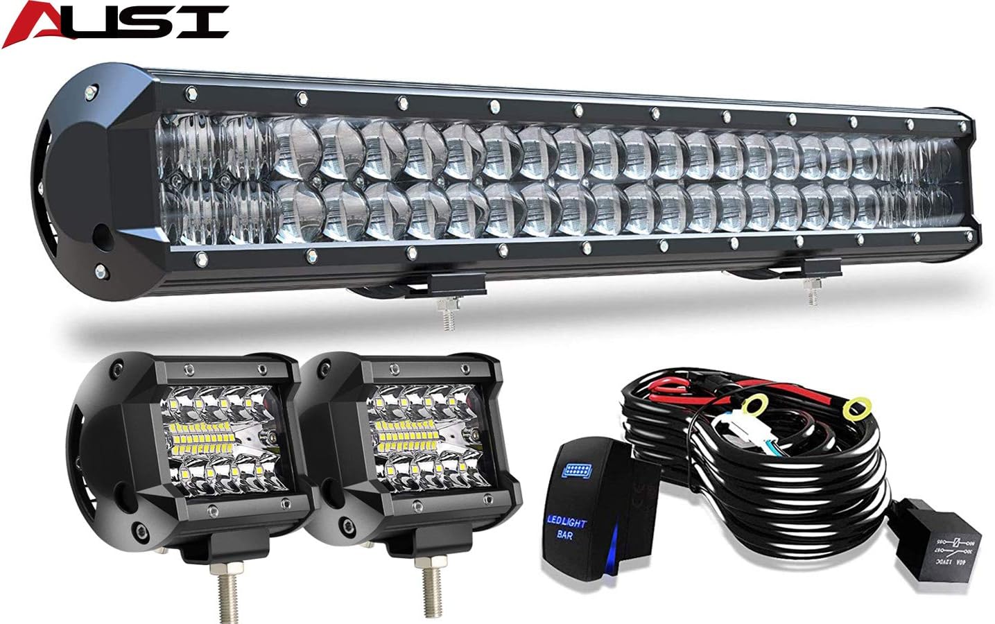 20" LED Light Bar AUSI 126W 5D Light Bar Offroad Driving Lights+2Pcs 4" 60W LED Cube Pods Fog Lights with Rocker Switch Wiring Harness for Trucks Polaris SUV ATV UTV Boat