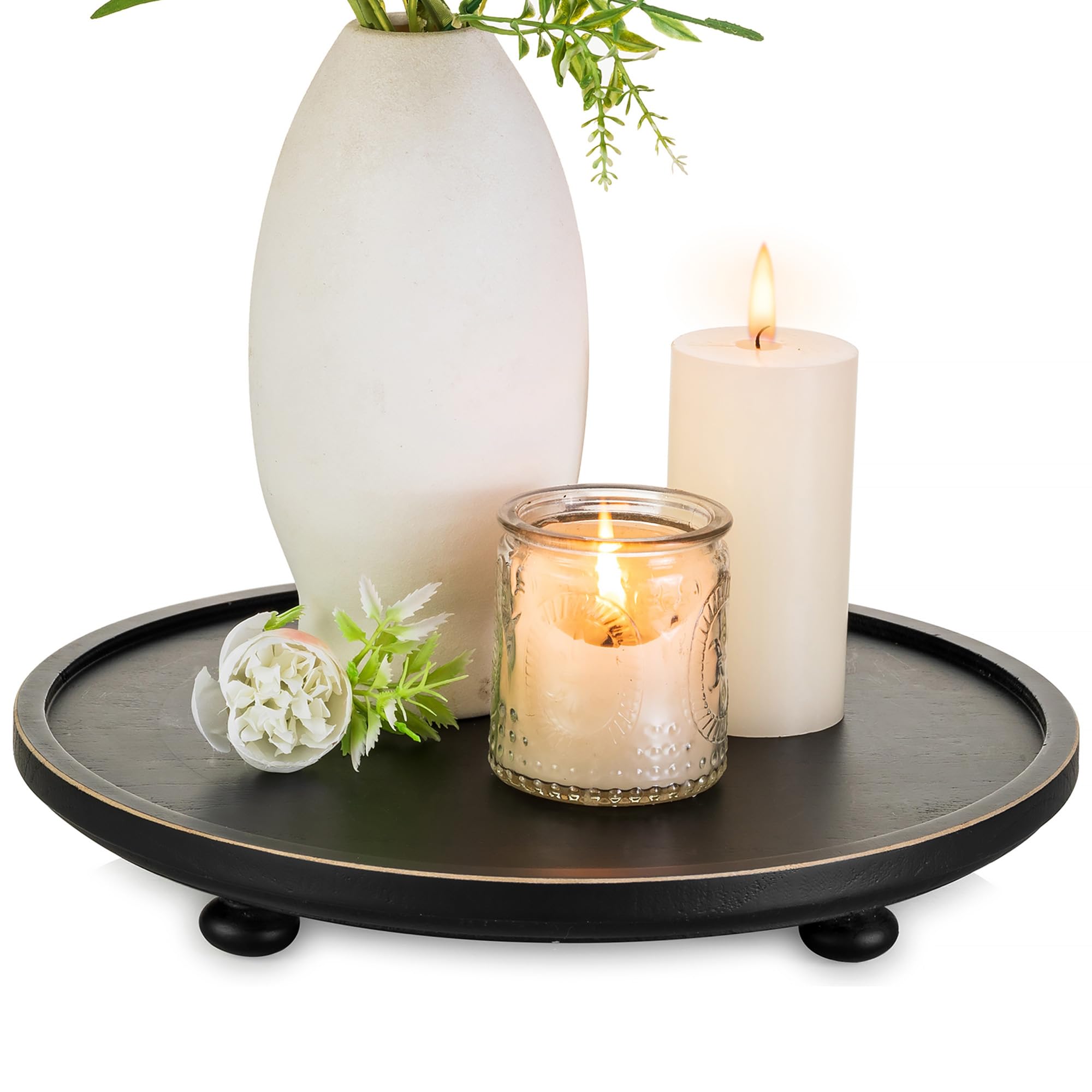 Photo 1 of Hanobe Cake Stand Wooden Tray: Black Rustic Round Wood Riser for Coffee Table - Farmhouse Decorative Tray for Kitchen Counter Bathroom Display Cupcake Candle Plant