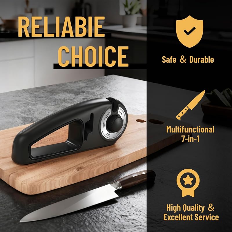 Aiguiseur Couteaux 7 en 1, Affuteur de Couteaux Professionnel Eguiseur de Couteau Knife Sharpener pour Couteaux à Découper,Couteaux Dentelés,Couteaux en Céramique et Ciseaux Cuisine (Noir)
