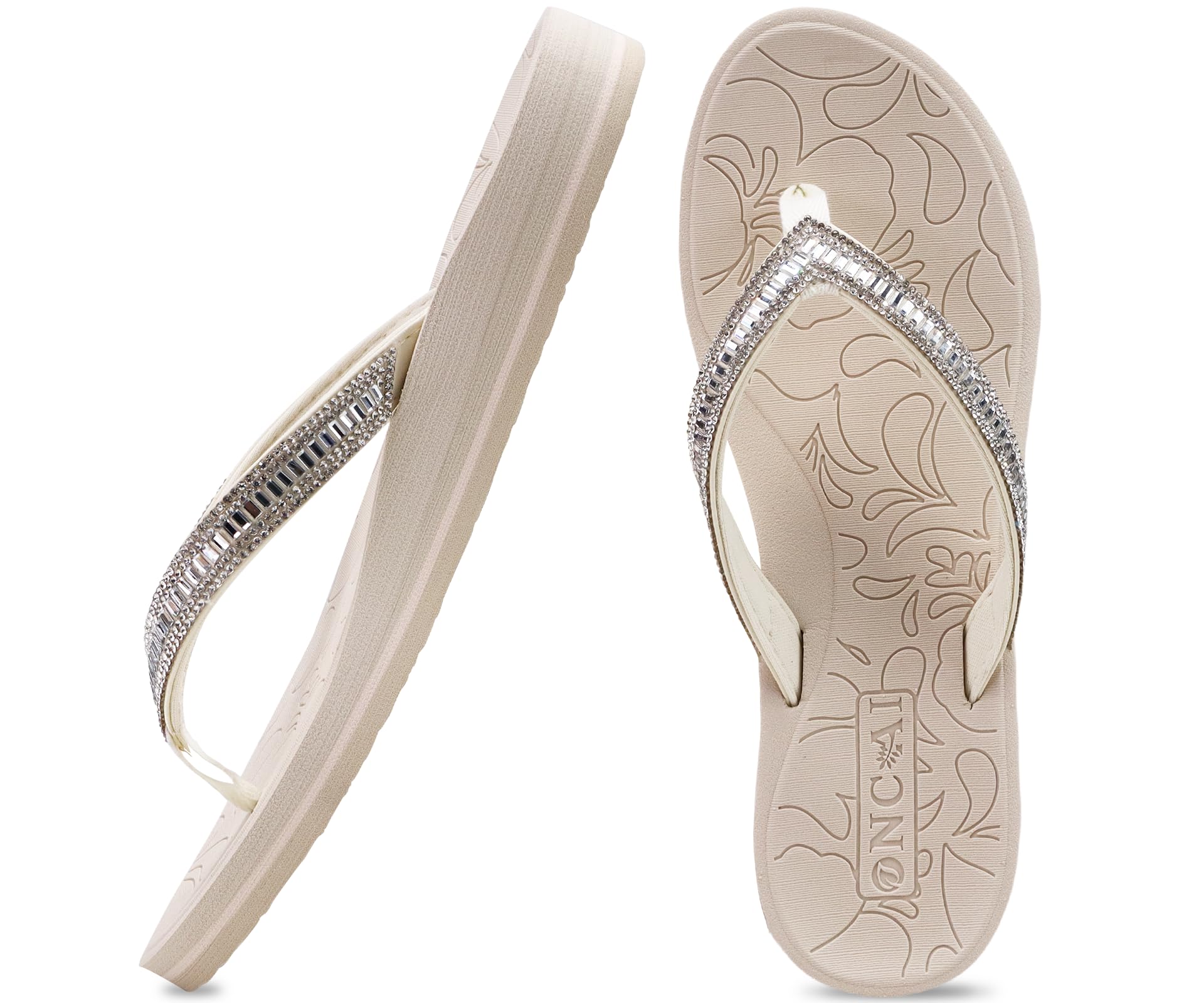 Photo 1 of ONCAI Women's Flip Flops with Rhinestone, Arch Support Yoga Mat Comfort Walking Summer Beach Thong Sandals with Plantar Fasciitis Rubber Soles Ivory White Size 9