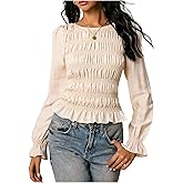Floerns Women's Smocked Ruffle Lantern Sleeve Blouse Business Casual Dressy Shirts