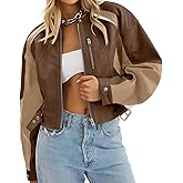 Tankaneo Womens Faux Leather Bomber Jackets Cropped Zip Up Color Block Fall Casual Moto Biker Coats
