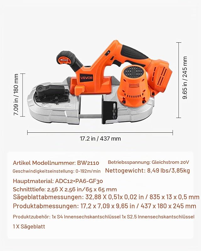 20 V Akku Bandsäge, 65 mm Schnitttiefe, mit bürstenlosem Motor, kabelloses & kompaktes Portaband, Aufhängehaken, 0–192 m/min variable Drehzahl, zum Schneiden von Metall, Holz (nur Werkzeug)