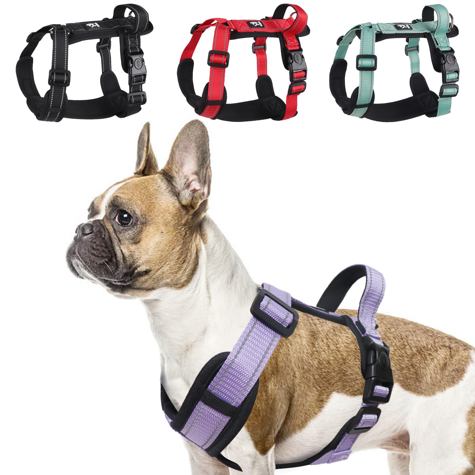 LiebeDD Medium Dog Harness, H Shaped Front Clip Dog Harnesses with Handle and Soft Padding, Reflective Pug Harness, Easy Walk Dog Harness For Medium Small Dog Puppy, Purple, M