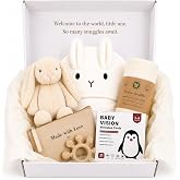 SnuggStory New Baby Gift Basket &ndash; Gender Neutral Newborn Welcome Gift Set | Cotton Swaddle, Plush Bunny Toy, Hooded Towel, High-Contrast Vision Cards, Silicone Teether &amp; Note