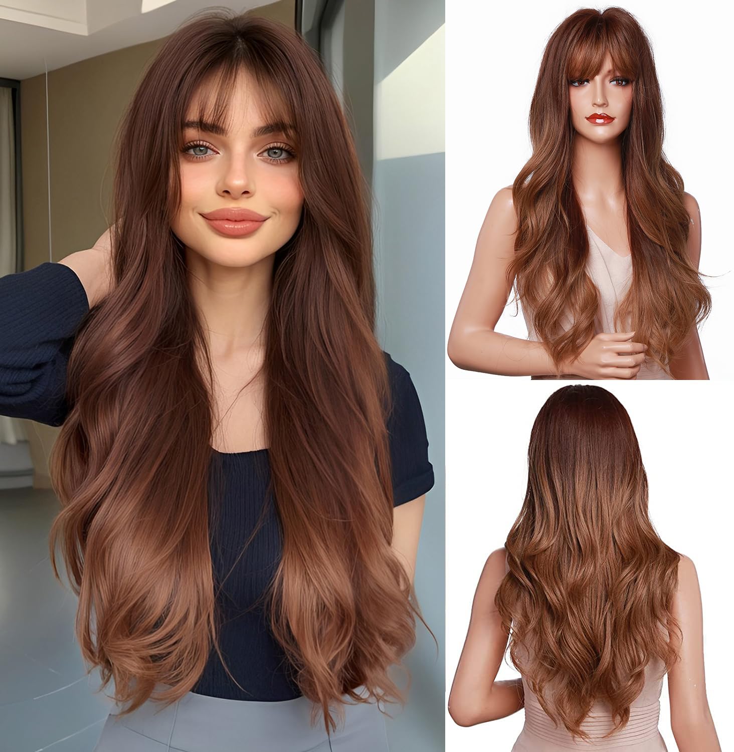 Photo 1 of Esmee Long Wavy Wig Wigs for Women with Bangs ombre Brown Blend Hair Wigs,Heat-resistant synthetic wigs for daily parties.