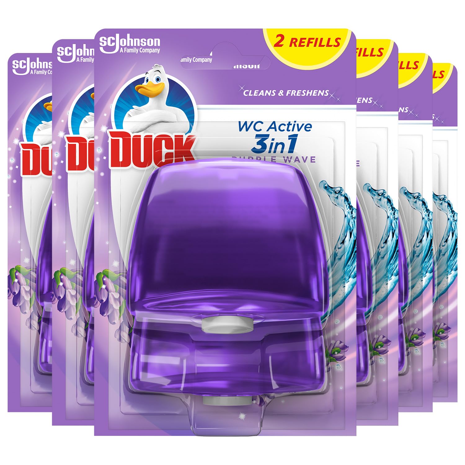 Duck Liquid Toilet Rim Block Twin Refills, 3-in-1 Toilet Bowl Cleaner, Purple Wave, Pack of 6 (Total of 12 x 55ml Refills)